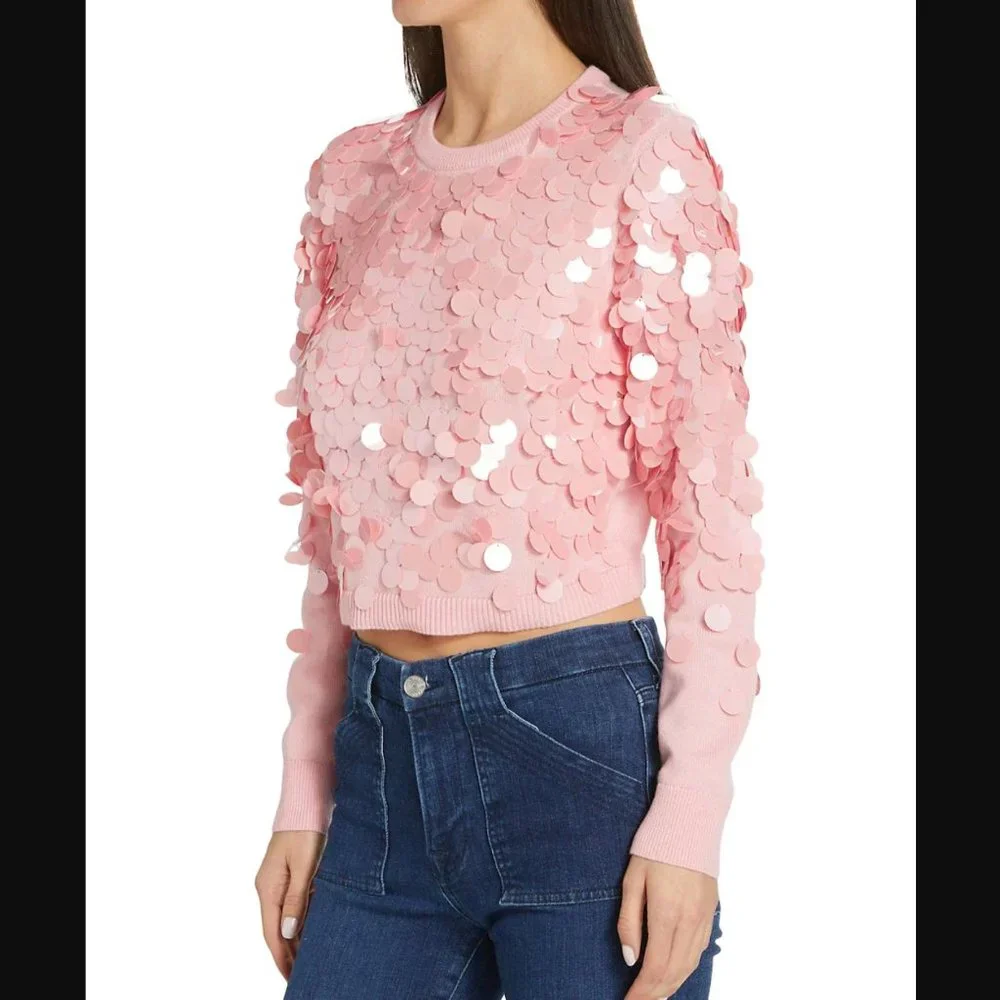 Alice + Olivia Delfina Cropped Wool Pailette Sweater - Picture 3 of 6
